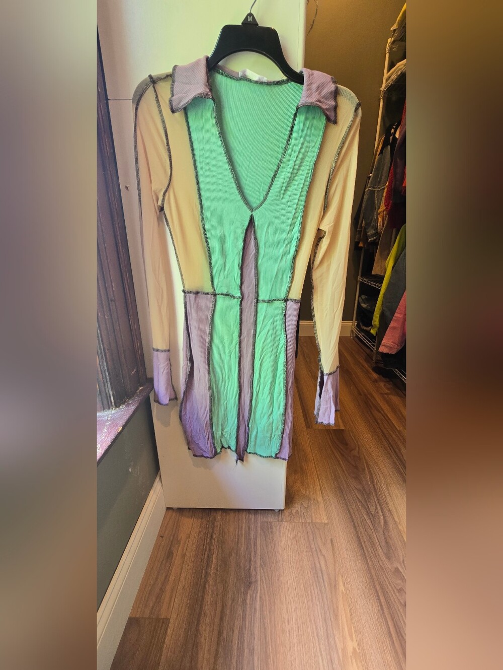 Green and Lavender Colorblock V-Neck Women's Dress